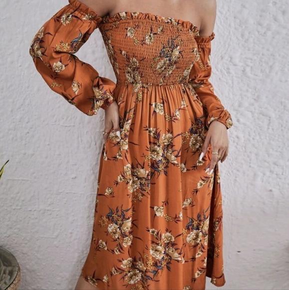 Orange floral print shirred off the shoulder long sleeve dress - Picture 3 of 11